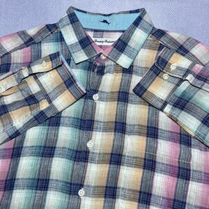 Tommy Bahama Colorful Polynesian Plaid‎ 100% Linen Button Up Shirt Men's Medium